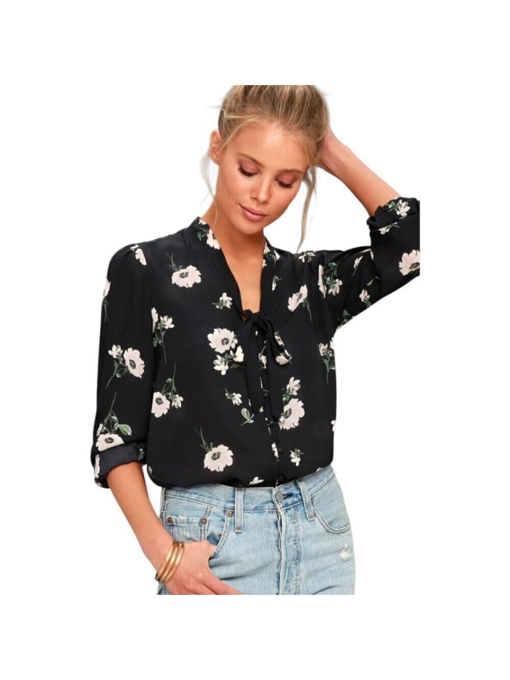 Lulus On the Spot Black Floral Print Button-Up Blouse Sz S